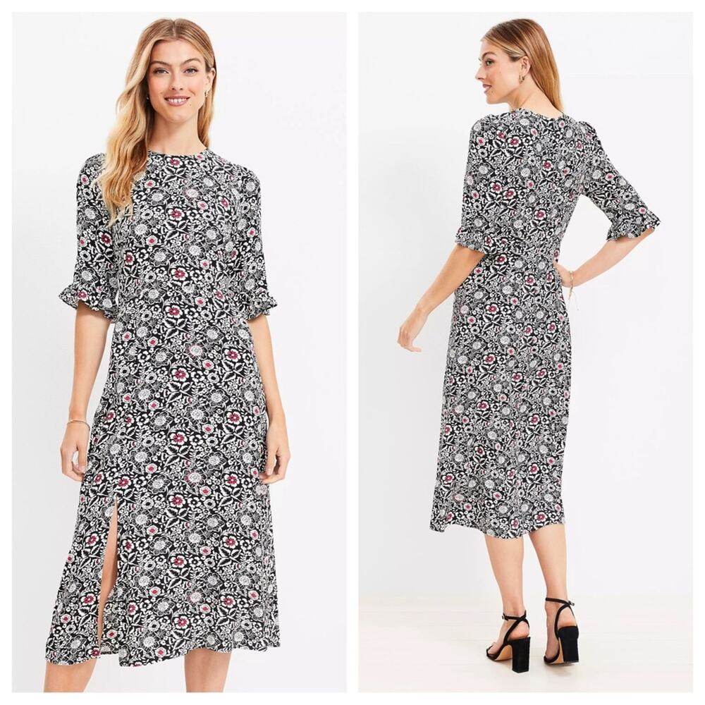 NEW LOFT Floral Ruffle Cuff 100% Viscose Midi Dress - Size 4